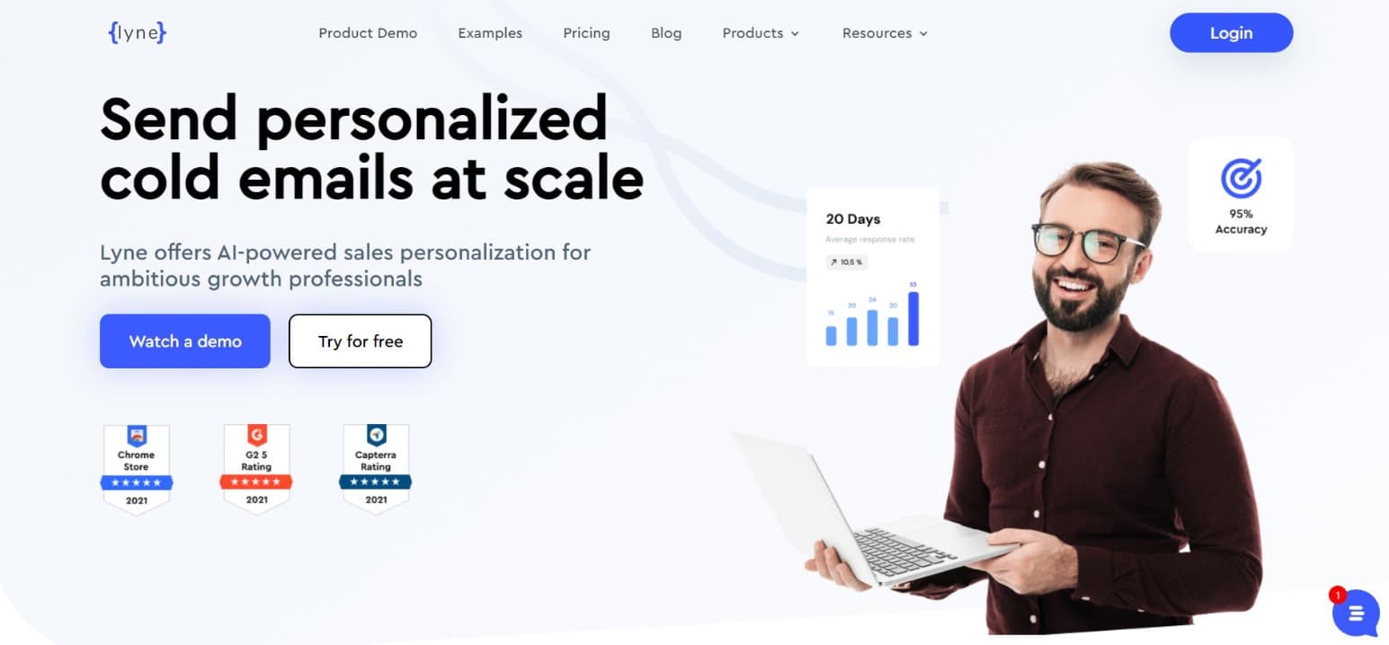 Screenshot from Lyne.ai’s website summarizes what they do. The heading in the hero reads, ‘Send personalized cold emails at scale’ 